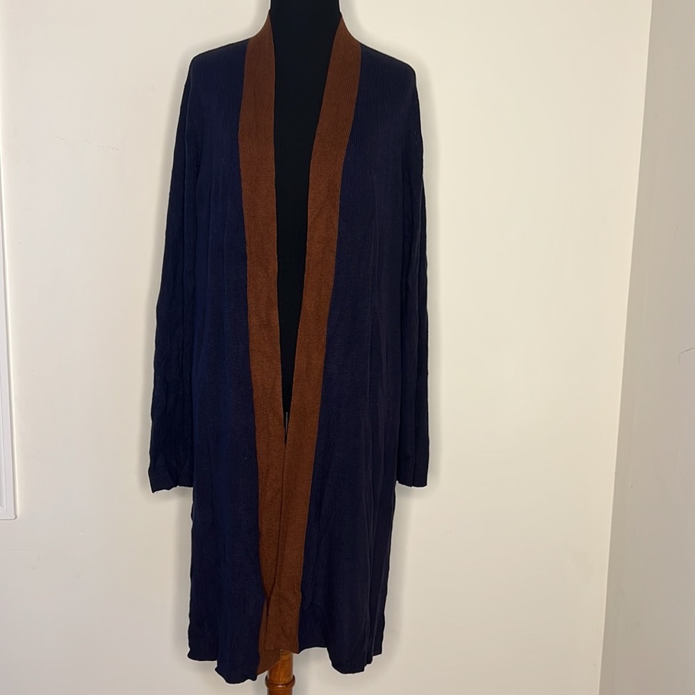 EILEEN FISHER Navy Blue Brown Trim Tencel Silk Knit Open Long Cardigan L - Picture 6 of 9
